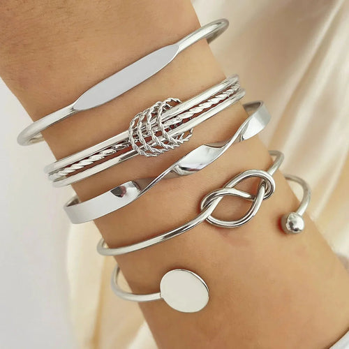 Zenya – 5pcs Twist Bangle Bracelet Set Silver
