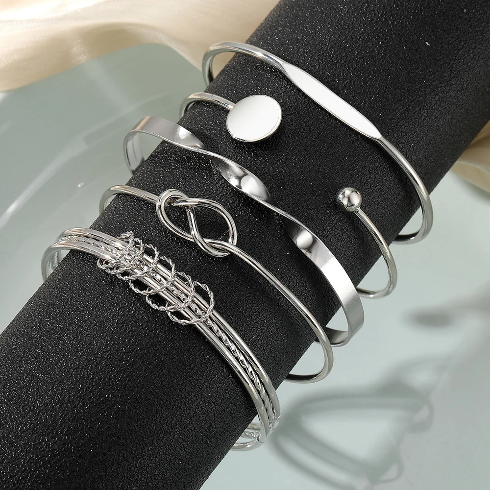 Zenya – 5pcs Twist Bangle Bracelet Set Silver