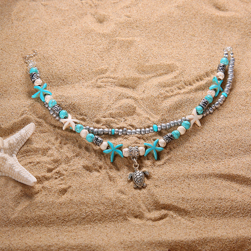 Cerys - Turquoise Sea Turtle & Starfish Charm Anklet