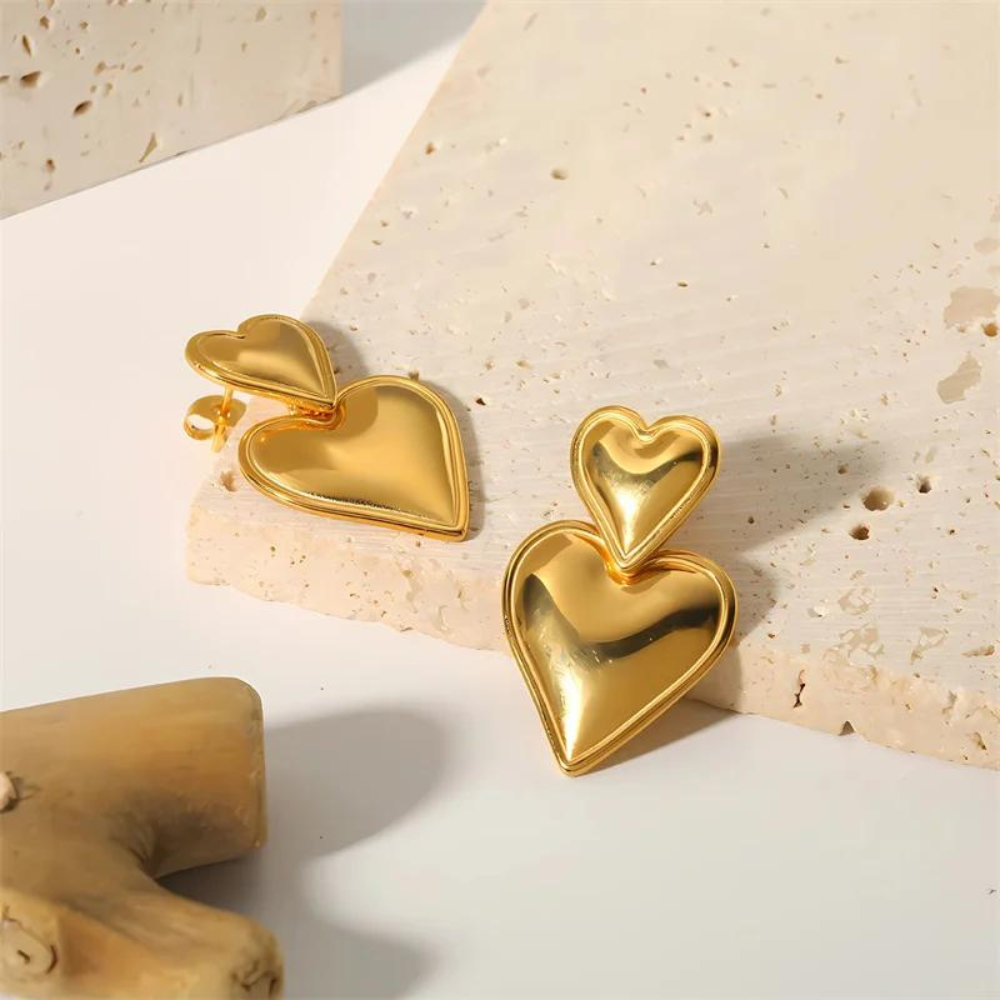 Double Heart Statement Earrings - Statement Earring with Two Hearts