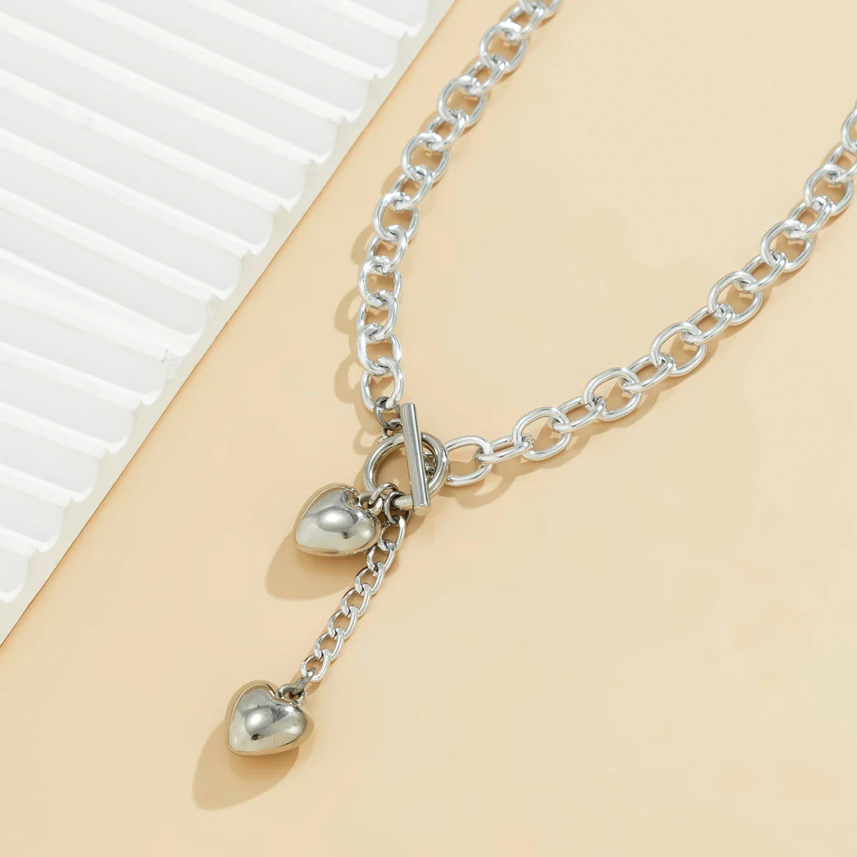 Averly - Chunky Chain Dual Heart Lariat Necklace & Bracelet