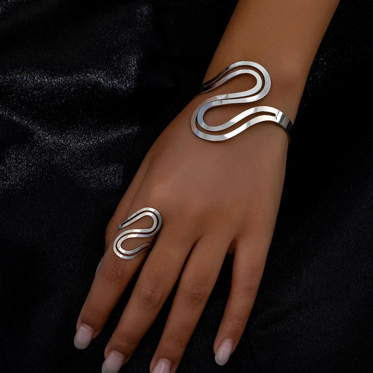 Selina - Modern Swirl Adjustable Silver Bracelet and Ring Set