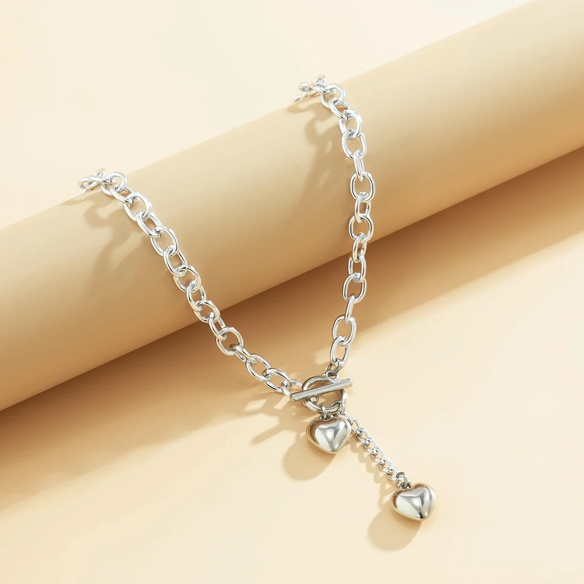 Averly - Chunky Chain Dual Heart Lariat Necklace & Bracelet