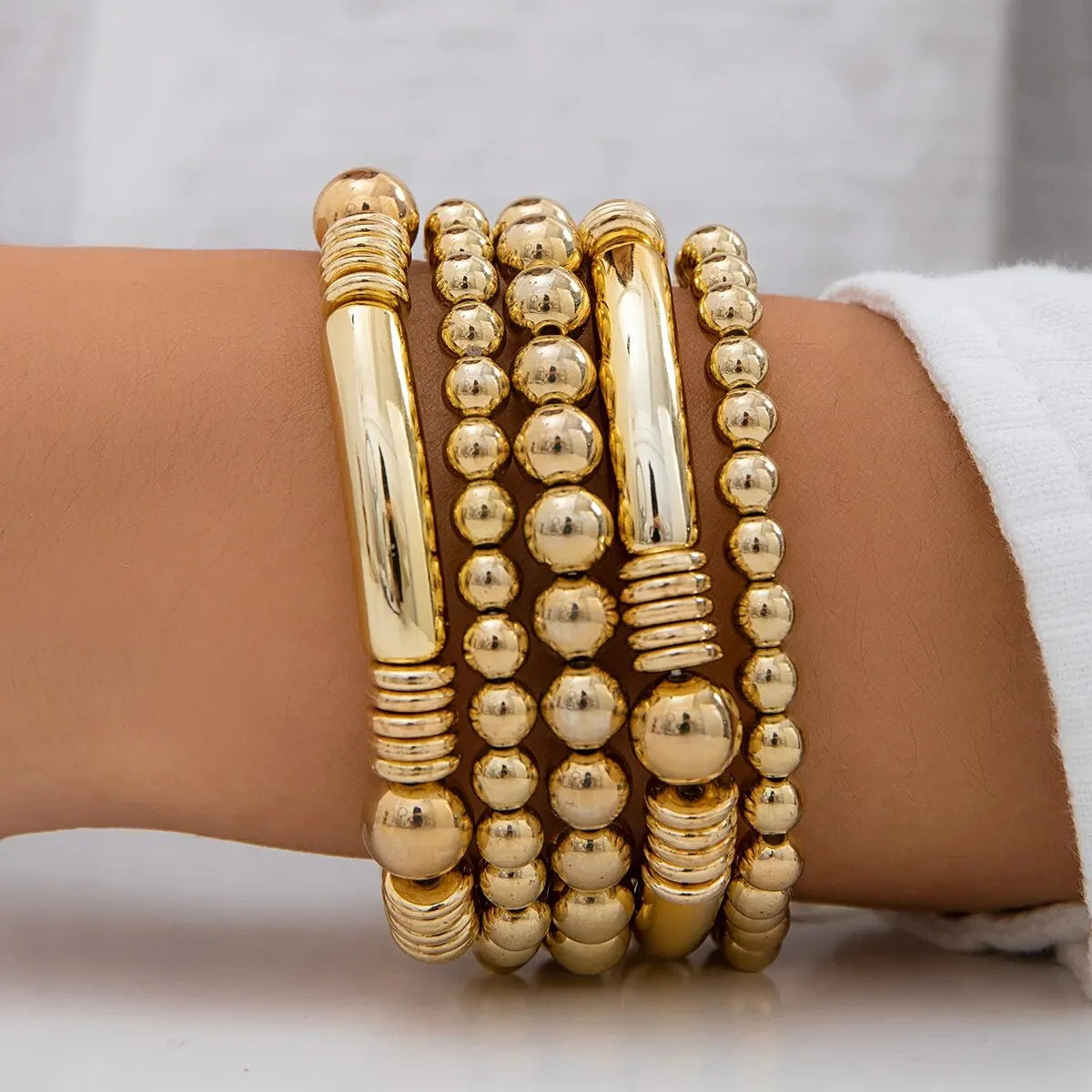 Aveline - 5pc Beaded Bracelet Set Gold