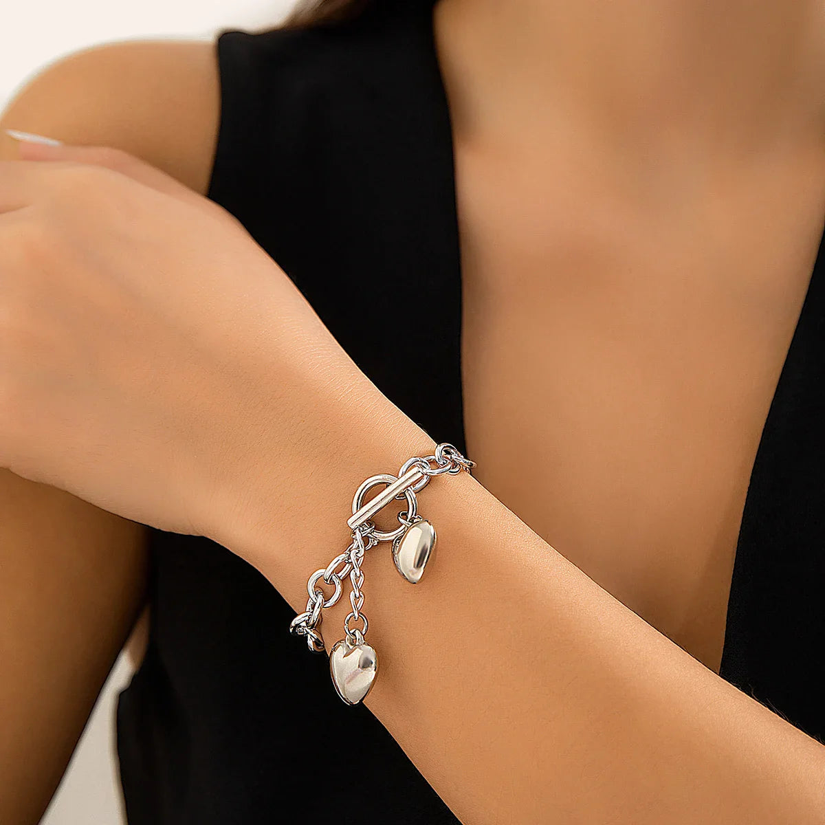 Averly - Chunky Chain Dual Heart Lariat Necklace & Bracelet
