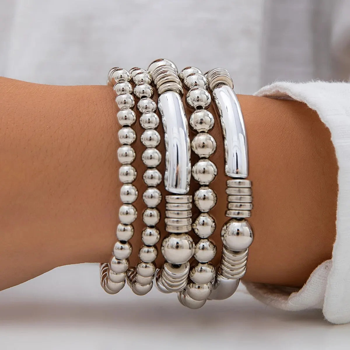Aveline - 5pc Beaded Bracelet Set Silver