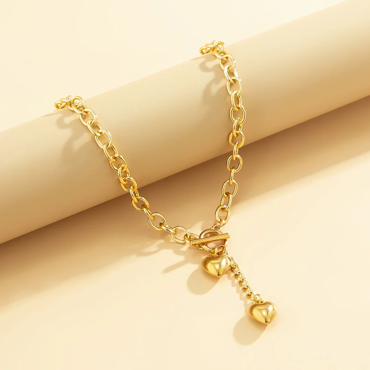 Averly - Chunky Chain Dual Heart Lariat Necklace & Bracelet