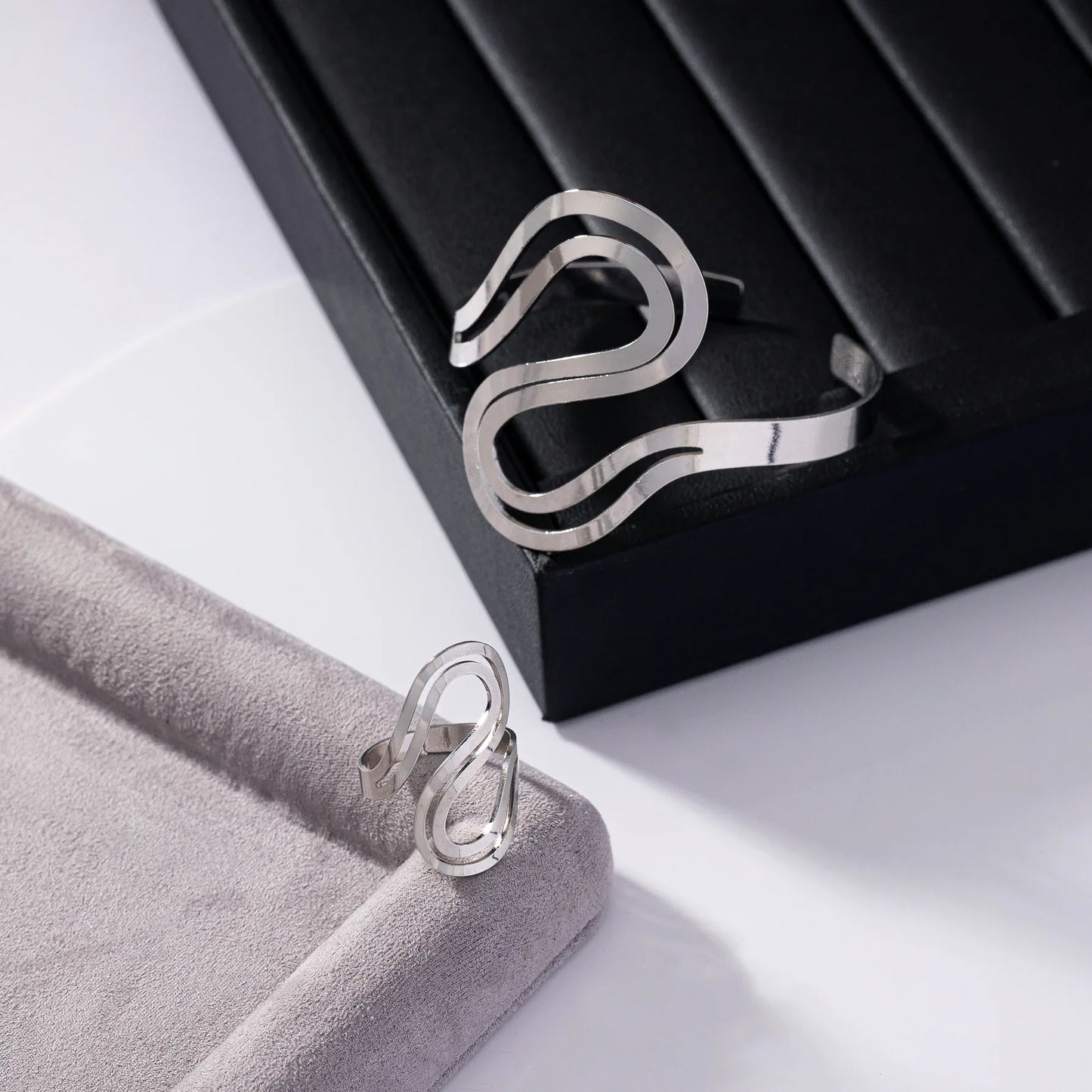 Selina - Modern Swirl Adjustable Silver Bracelet and Ring Set