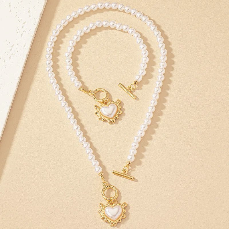 Calira - Beaded Heart Pendant Bracelet and Necklace Set Gold White