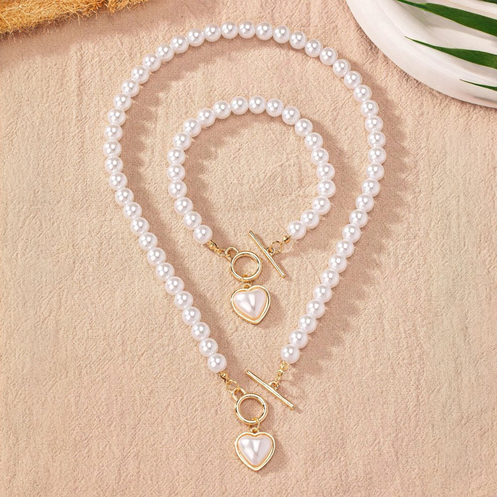 Calira - Beaded Heart Pendant Bracelet and Necklace Set White