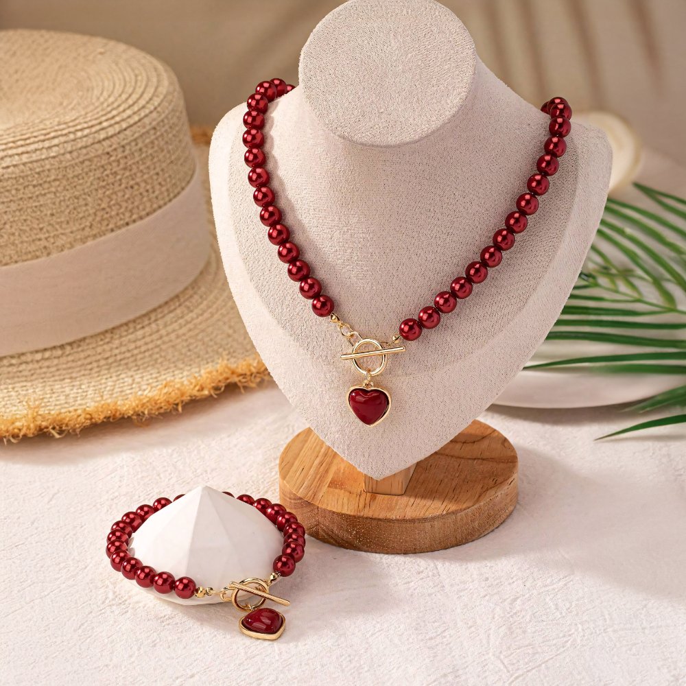 Calira - Beaded Heart Pendant Bracelet and Necklace Set Red