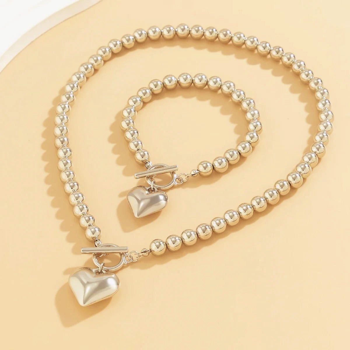 Calira - Beaded Heart Pendant Bracelet and Necklace Set Silver