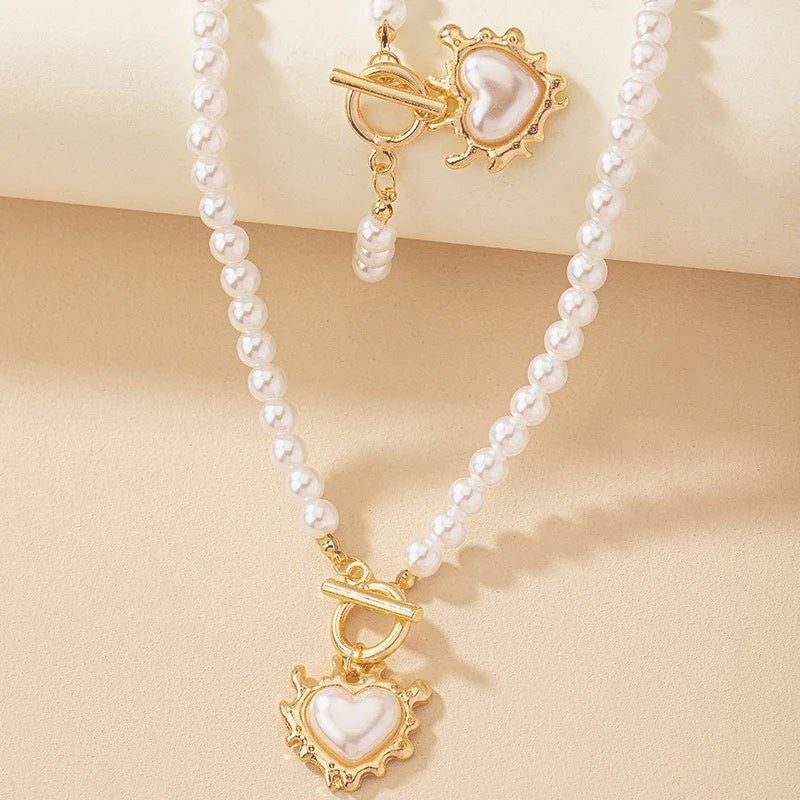 Calira - Beaded Heart Pendant Bracelet and Necklace Set Gold White