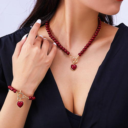 Calira - Beaded Heart Pendant Bracelet and Necklace Set Red