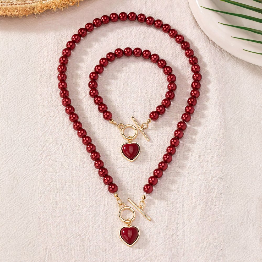 Calira - Beaded Heart Pendant Bracelet and Necklace Set Red