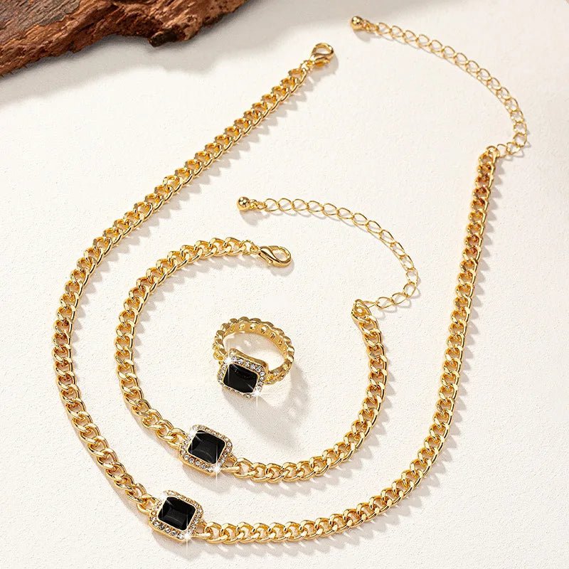 Eloria - Cuban Square Diamond Necklace, Bracelet and Ring Set