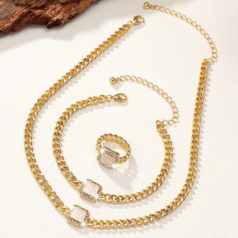 Eloria - Cuban Square Diamond Necklace, Bracelet and Ring Set