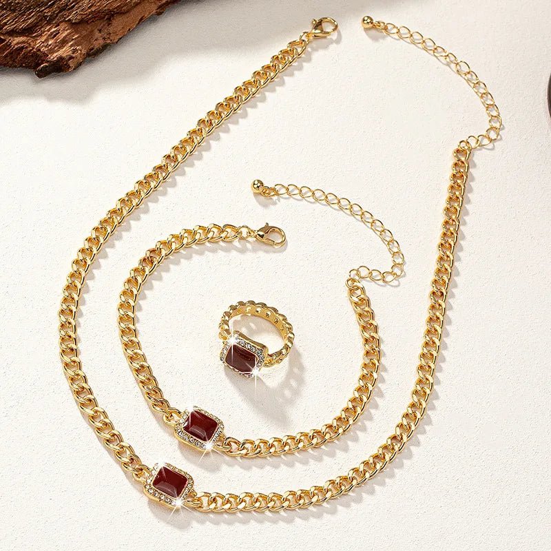 Eloria - Cuban Square Diamond Necklace, Bracelet and Ring Set