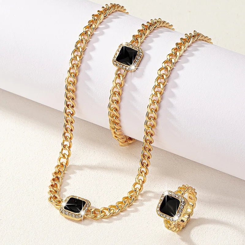 Eloria - Cuban Square Diamond Necklace, Bracelet and Ring Set