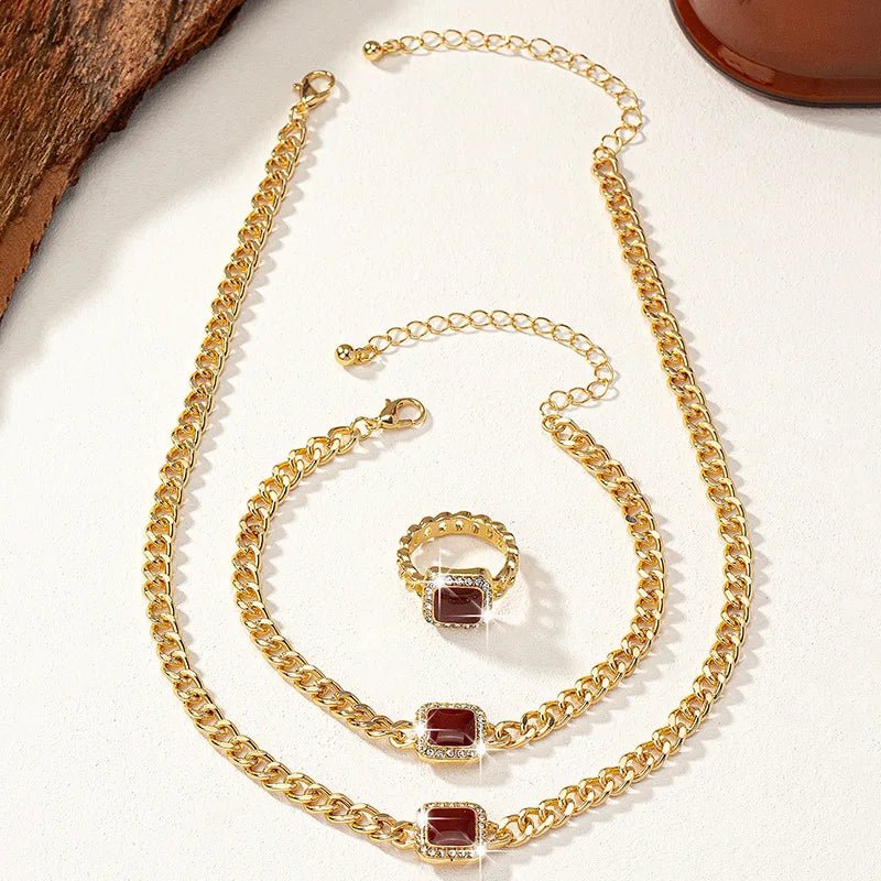 Eloria - Cuban Square Diamond Necklace, Bracelet and Ring Set
