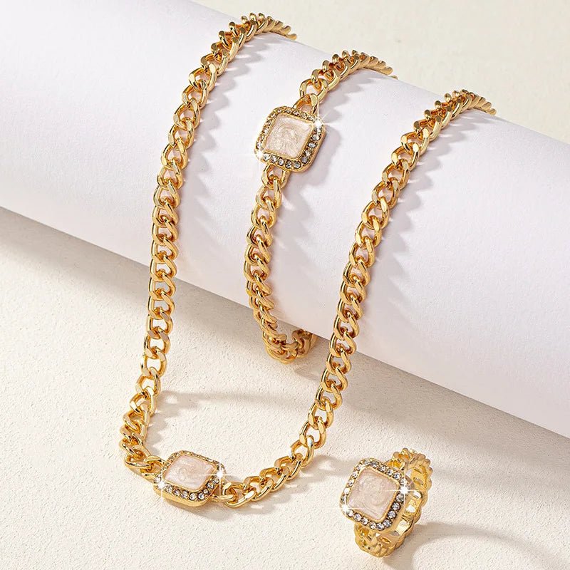 Eloria - Cuban Square Diamond Necklace, Bracelet and Ring Set