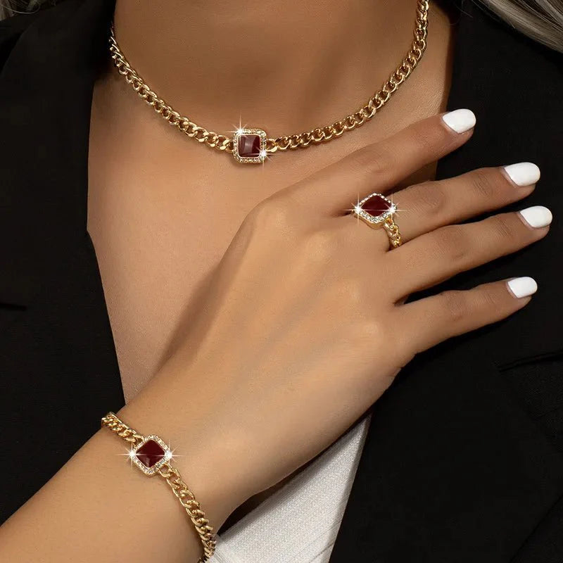 Eloria - Cuban Square Diamond Necklace, Bracelet and Ring Set
