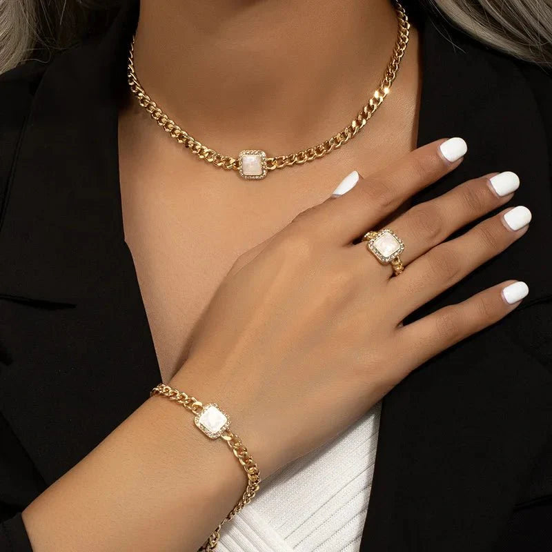 Eloria - Cuban Square Diamond Necklace, Bracelet and Ring Set