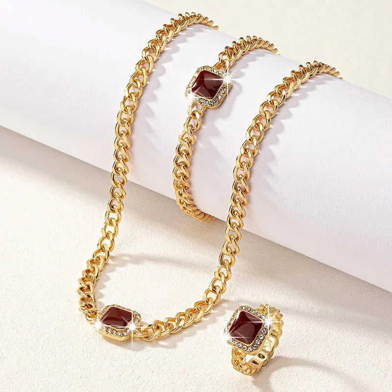 Eloria - Cuban Square Diamond Necklace, Bracelet and Ring Set