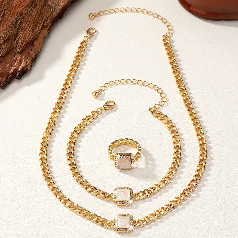 Eloria - Cuban Square Diamond Necklace, Bracelet and Ring Set