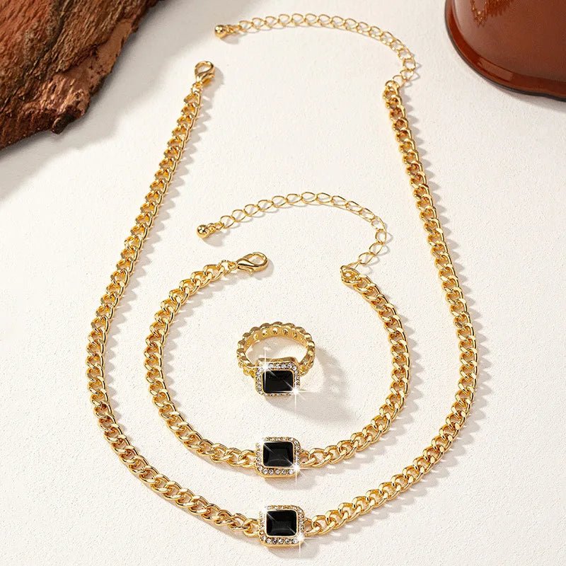 Eloria - Cuban Square Diamond Necklace, Bracelet and Ring Set