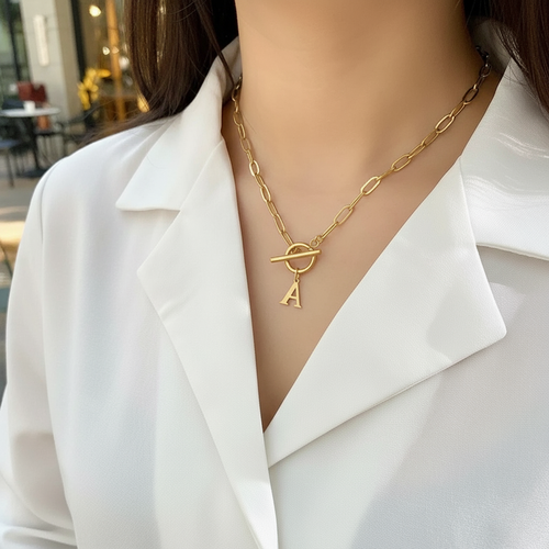 Paperclip Letter Initial Circle Lock Clasp Necklace