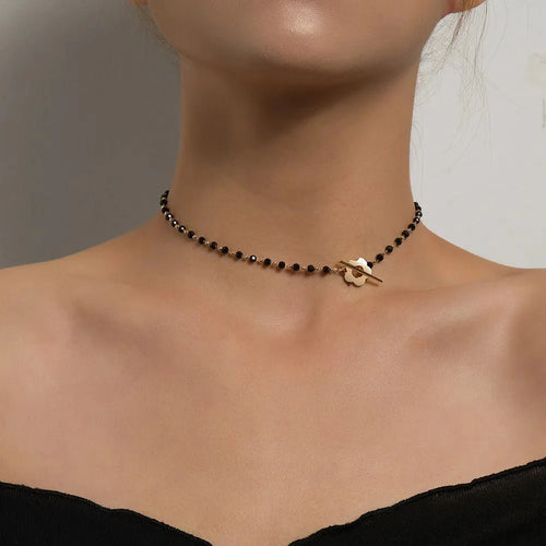 Elora - Flower Clasp Choker Necklace Black