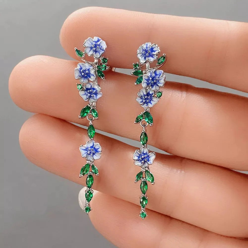 Diana - Blue Floral Dangling Earrings