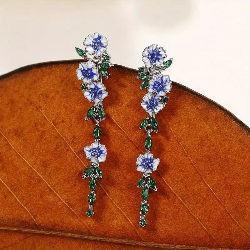 Diana - Blue Floral Dangling Earrings