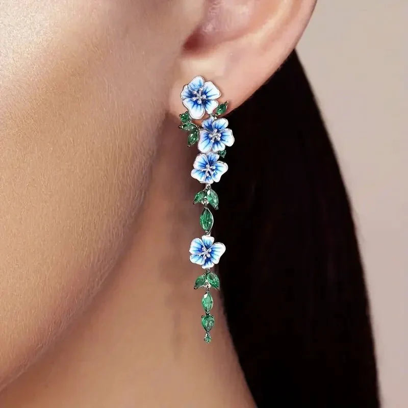 Diana - Blue Floral Dangling Earrings