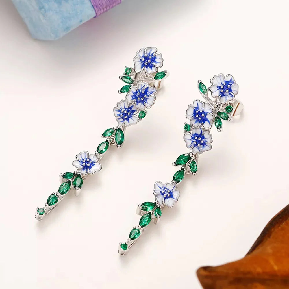 Diana - Blue Floral Dangling Earrings