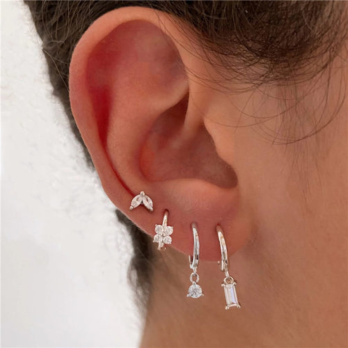4-Piece Earring Set - Geometric Marquise Floral Zirconia