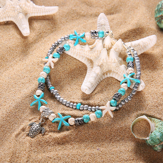 Cerys - Turquoise Sea Turtle & Starfish Charm Anklet