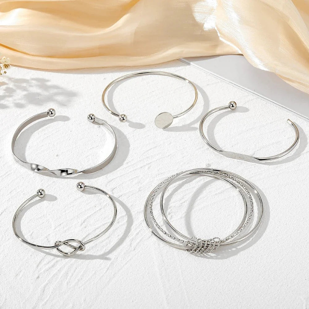 Zenya – 5pcs Twist Bangle Bracelet Set Silver