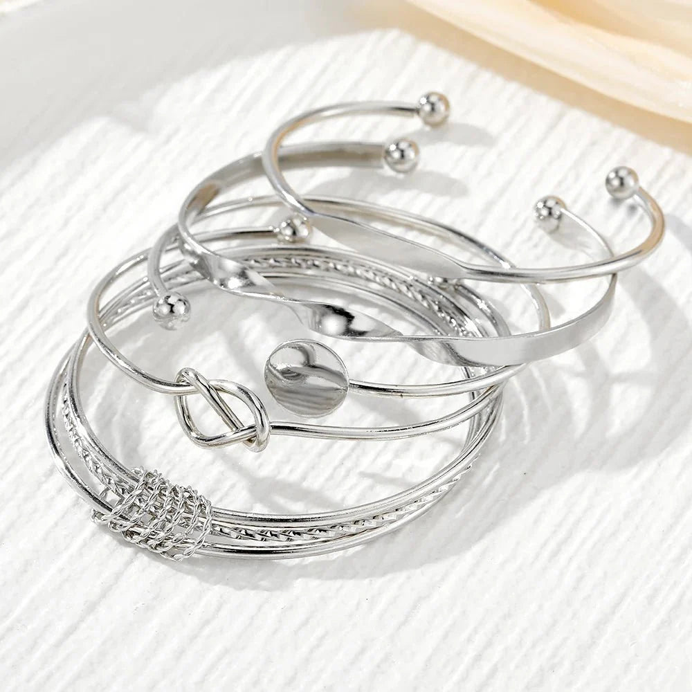 Zenya – 5pcs Twist Bangle Bracelet Set Silver