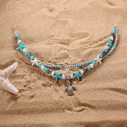 Cerys - Turquoise Sea Turtle & Starfish Charm Anklet