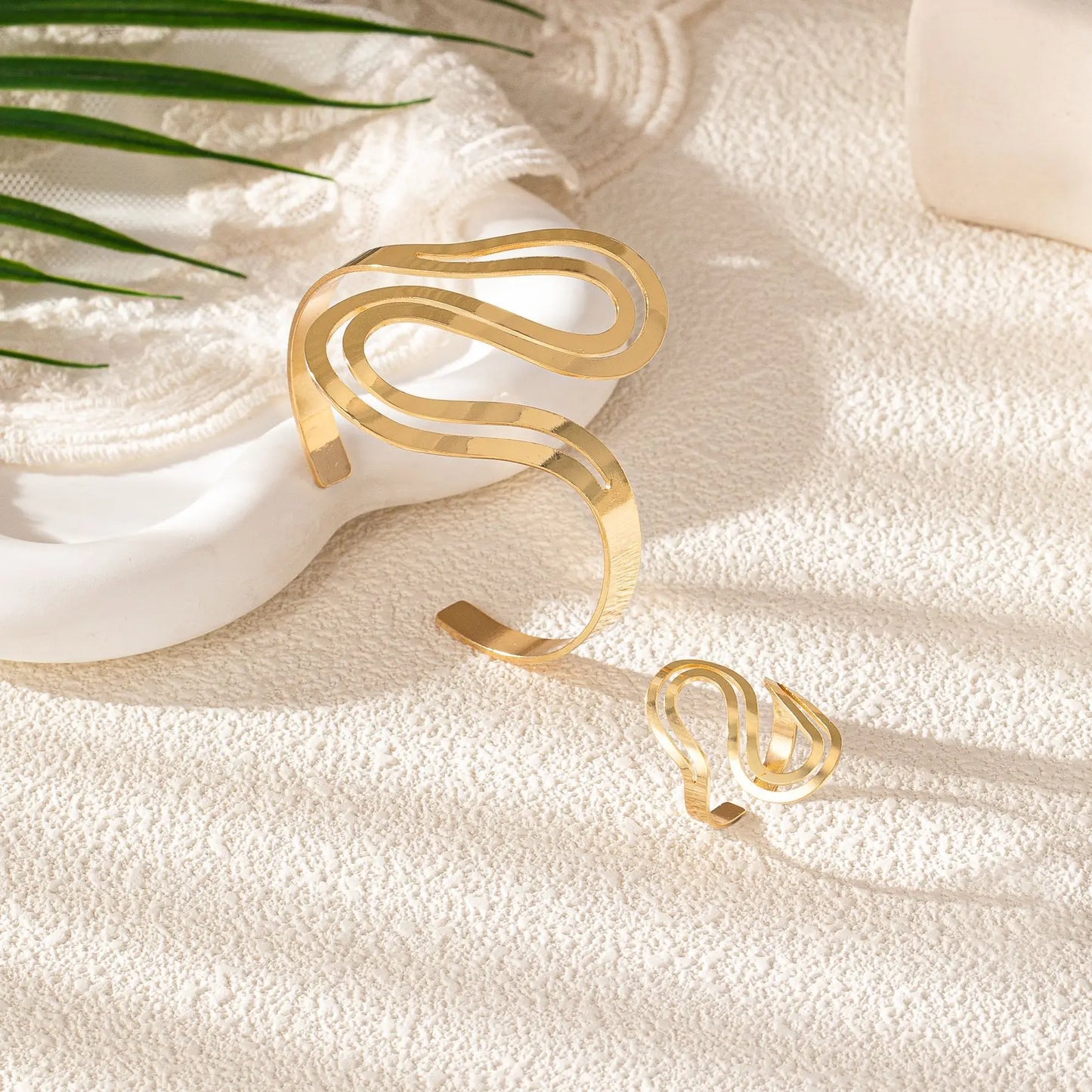 Selina - Modern Swirl Adjustable Gold Bracelet and Ring Set