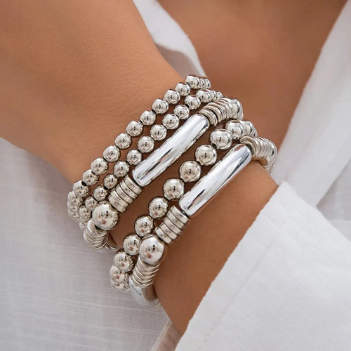 Aveline - 5pc Beaded Bracelet Set Silver