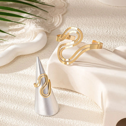 Selina - Modern Swirl Adjustable Gold Bracelet and Ring Set