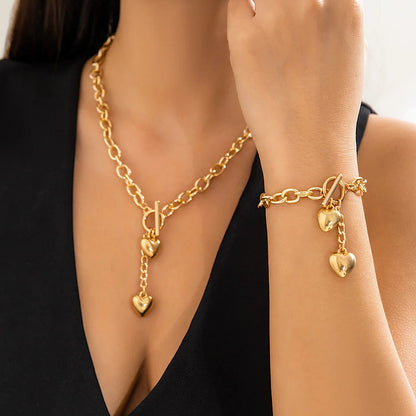 Averly - Chunky Chain Dual Heart Lariat Necklace & Bracelet