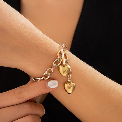 Averly - Chunky Chain Dual Heart Lariat Necklace & Bracelet