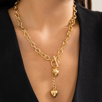 Averly - Chunky Chain Dual Heart Lariat Necklace & Bracelet