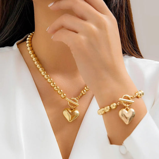 Calira - Beaded Heart Pendant Bracelet and Necklace Set Gold