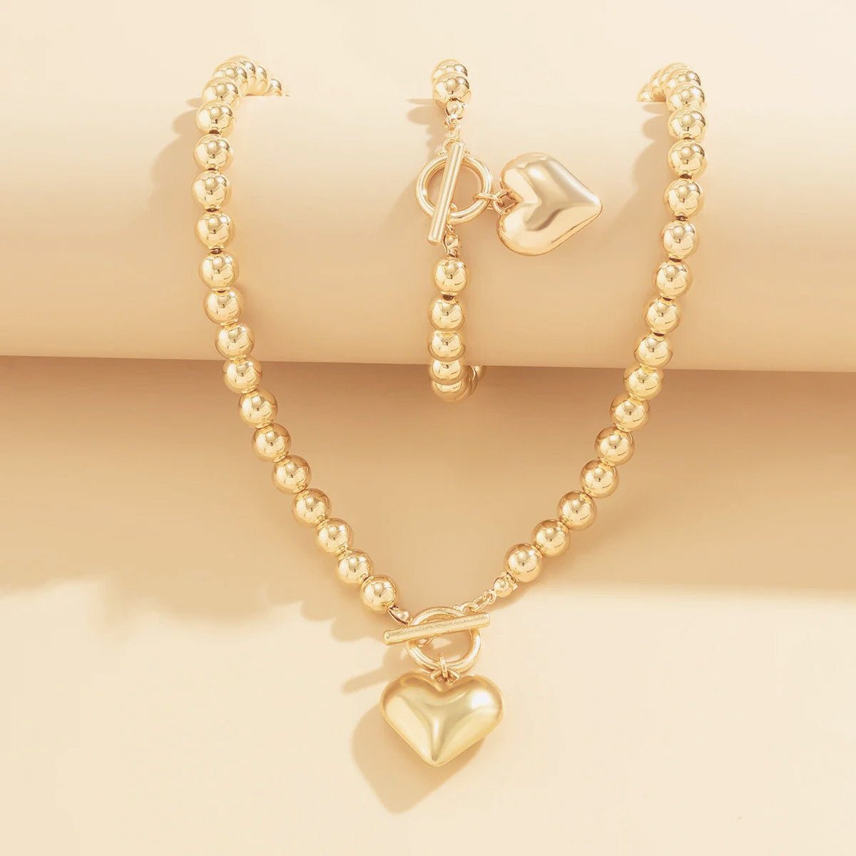 Calira - Beaded Heart Pendant Bracelet and Necklace Set Gold