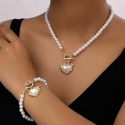 Calira - Beaded Heart Pendant Bracelet and Necklace Set Gold White